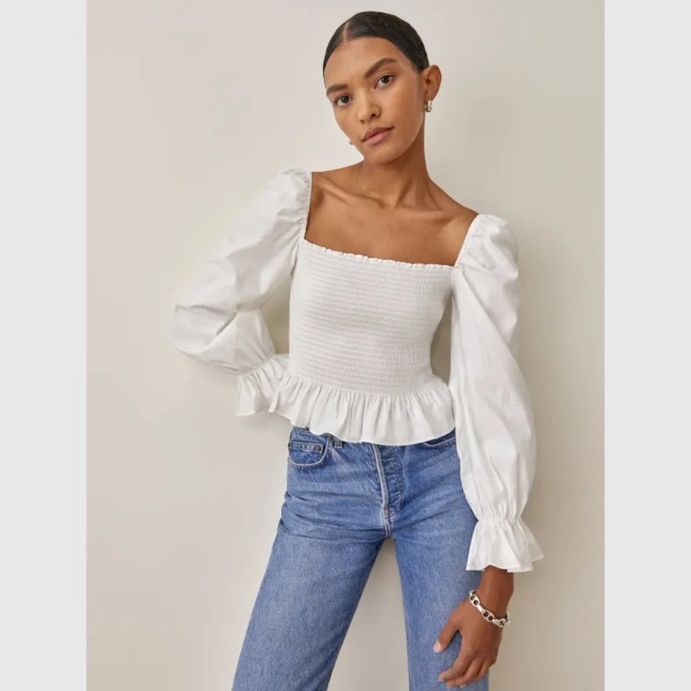 Reformation Darby Top in White Peplum Top Puff Sleeves Ruffle Pleated Cotton